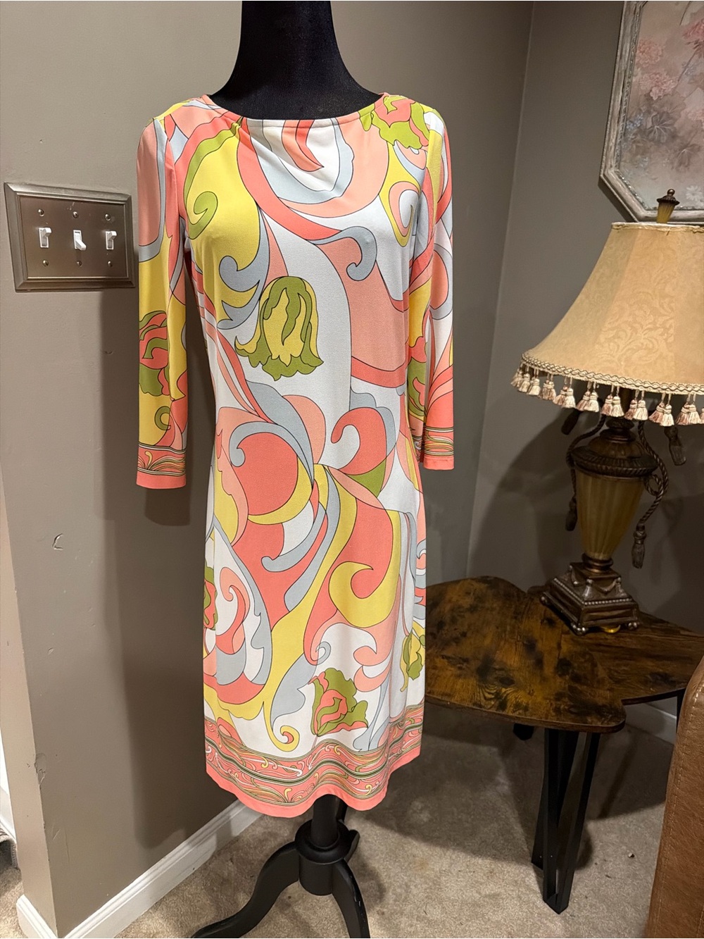 London Times Long Sleeve Shift Dress in Coral, Yellow & White Swirl Print